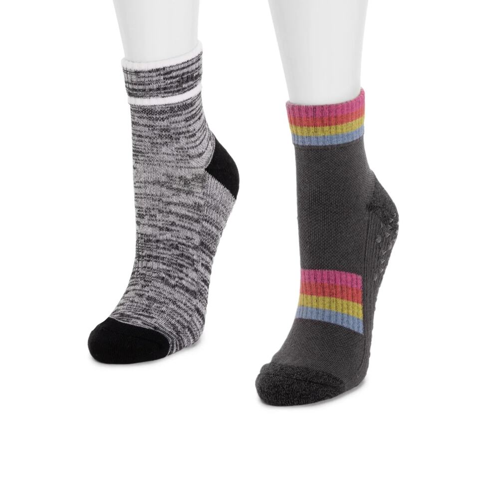 2-Pack MUK LUKS Women's Gripper Cotton Mini Crew Socks, Size 6-10, Black Rainbow
